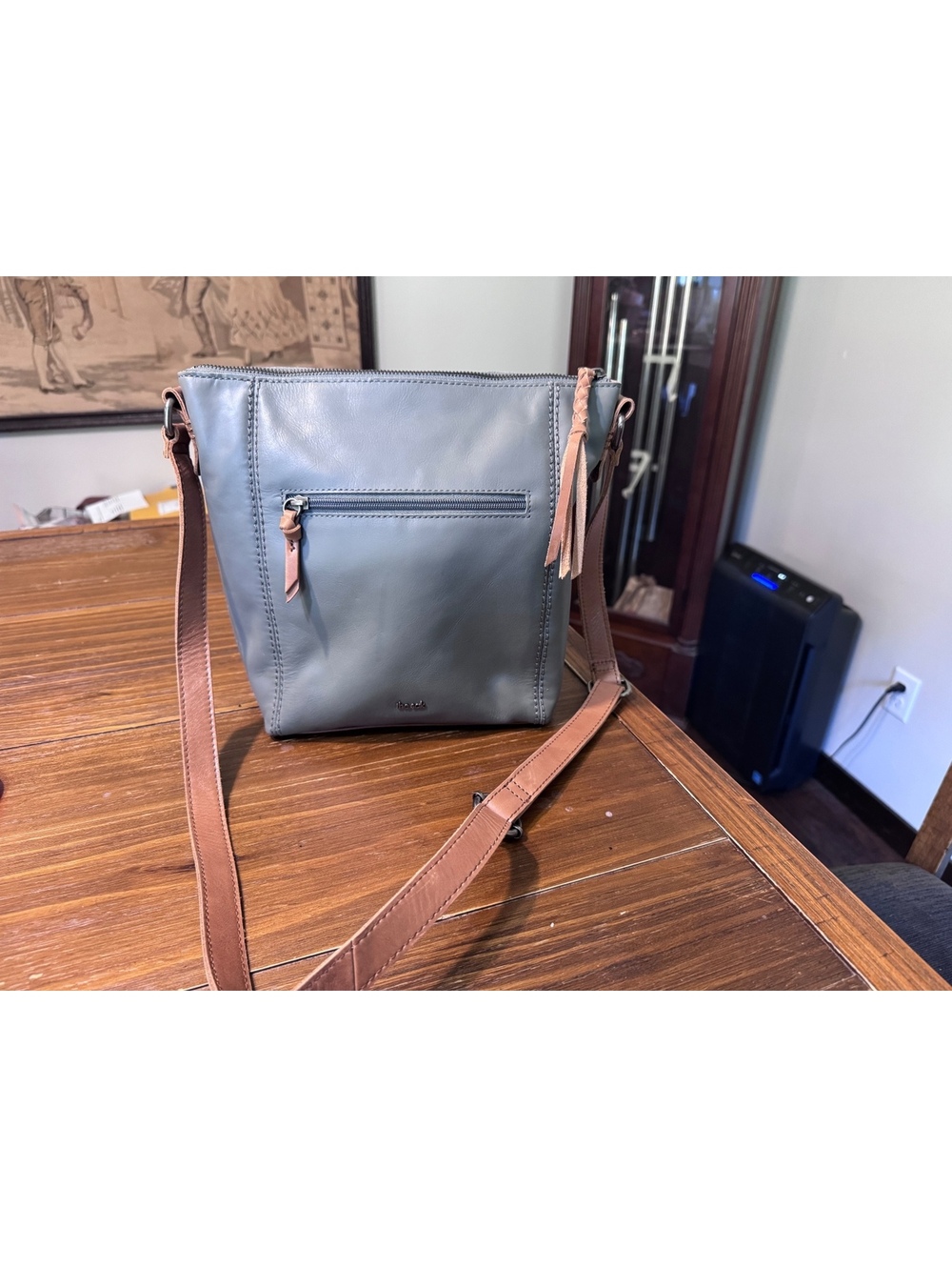 The Sak Ashland Leather Crossbody Bag Gray Cognac Tan Tassel Zip Pockets